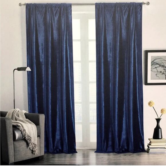 Rachel Zoe Royal Blue Luxury Velvet Window Curtain Set 2 Panel 38x108 Rod Pocket - Picture 1 of 6